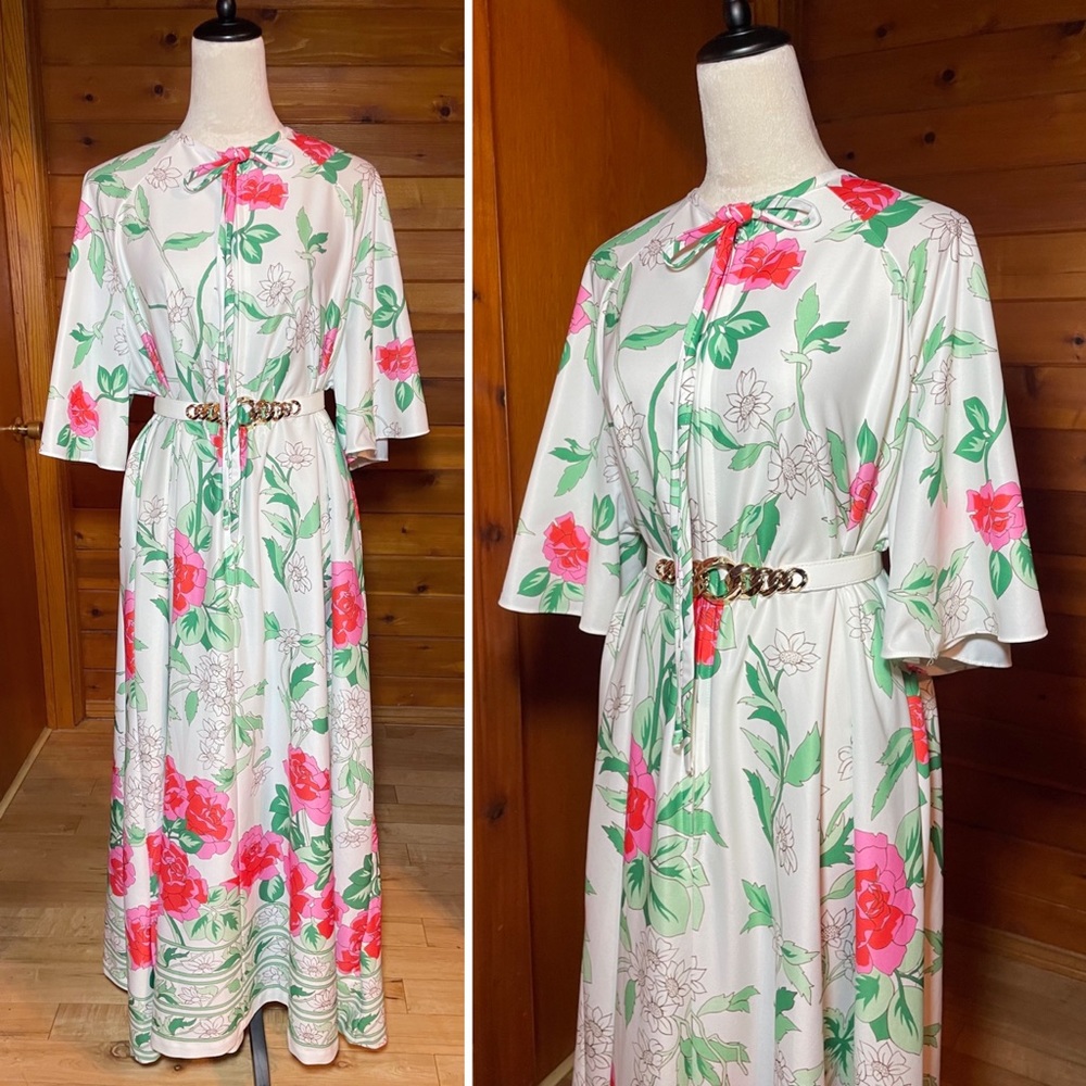 Vintage 70s Hawaiian Hibiscus Print Tie Front Zip Muumuu House Coat Sz XL